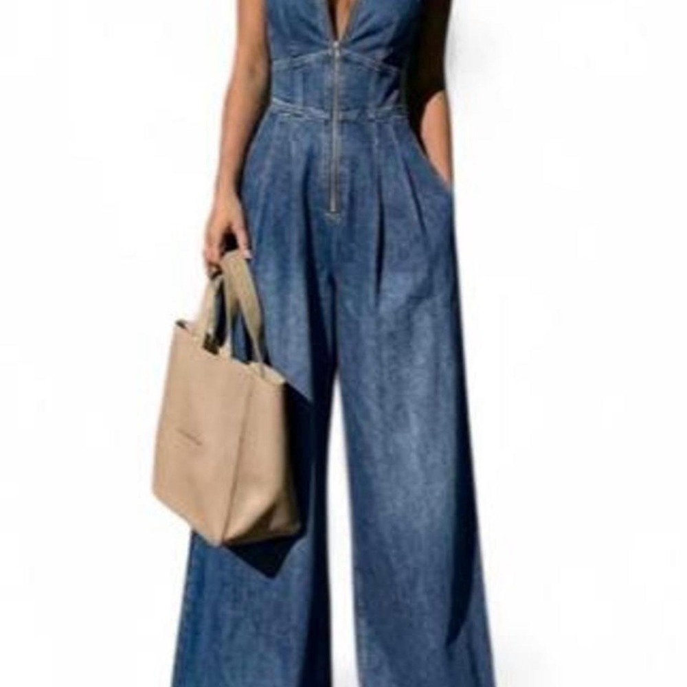 UOOZEE Women's High Waisted Sleeveless Pleated Pocket Zipper Round-Neck Jumpsuit